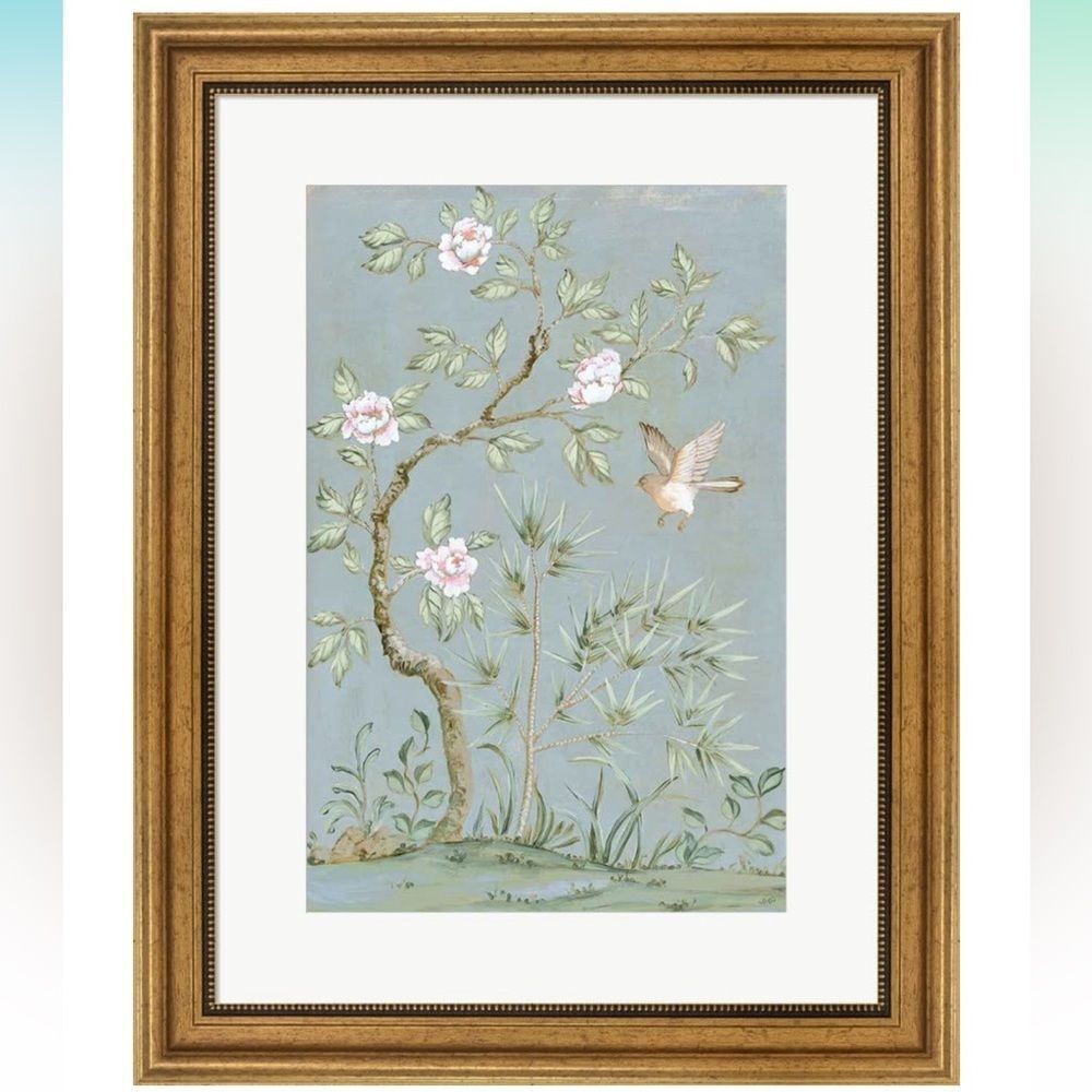 Tranquil meditation, “Untitled” pastel blue & cherry blossom wall art home decor